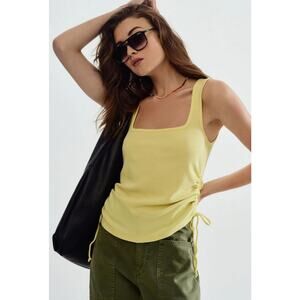 Pilcro Anthropologie Top Womens XL Yellow Rib Knit Square Neck Ruched Tie Tank